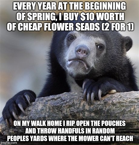 Not sure how the scale tips on this | EVERY YEAR AT THE BEGINNING OF SPRING, I BUY $10 WORTH OF CHEAP FLOWER SEADS (2 FOR 1) ON MY WALK HOME I RIP OPEN THE POUCHES AND THROW HAND | image tagged in memes,confession bear | made w/ Imgflip meme maker
