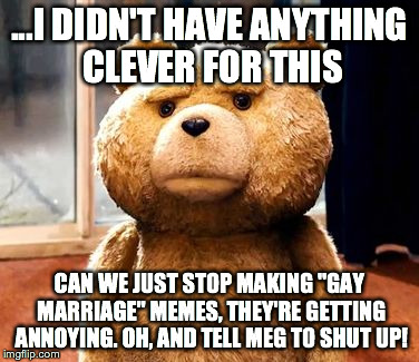 TED Meme | ...I DIDN'T HAVE ANYTHING CLEVER FOR THIS CAN WE JUST STOP MAKING "GAY MARRIAGE" MEMES, THEY'RE GETTING ANNOYING. OH, AND TELL MEG TO SHUT U | image tagged in memes,ted | made w/ Imgflip meme maker