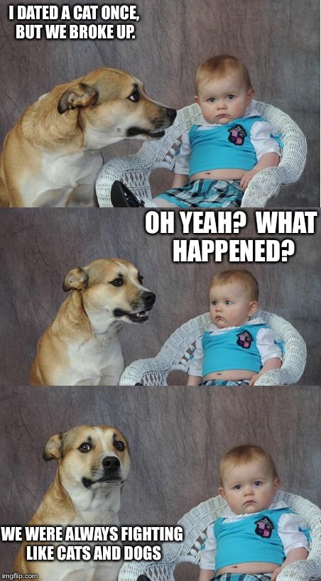 Bad Joke Dog | I DATED A CAT ONCE, BUT WE BROKE UP. OH YEAH?  WHAT HAPPENED? WE WERE ALWAYS FIGHTING LIKE CATS AND DOGS | image tagged in bad joke dog | made w/ Imgflip meme maker