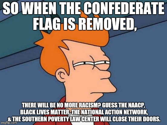 Futurama Fry Meme | SO WHEN THE CONFEDERATE FLAG IS REMOVED, THERE WILL BE NO MORE RACISM? GUESS THE NAACP, BLACK LIVES MATTER, THE NATIONAL ACTION NETWORK, & T | image tagged in memes,futurama fry | made w/ Imgflip meme maker
