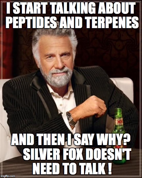 The Most Interesting Man In The World Meme | I START TALKING ABOUT PEPTIDES AND TERPENES AND THEN I SAY WHY?  
  SILVER FOX DOESN'T NEED TO TALK ! | image tagged in memes,the most interesting man in the world | made w/ Imgflip meme maker