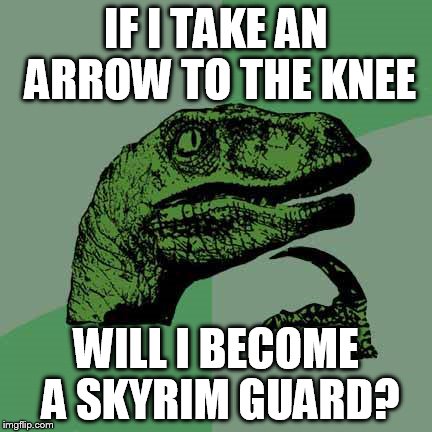I know this might be a repost, shut up | IF I TAKE AN ARROW TO THE KNEE WILL I BECOME A SKYRIM GUARD? | image tagged in philosoraptor,skyrim,gaming | made w/ Imgflip meme maker