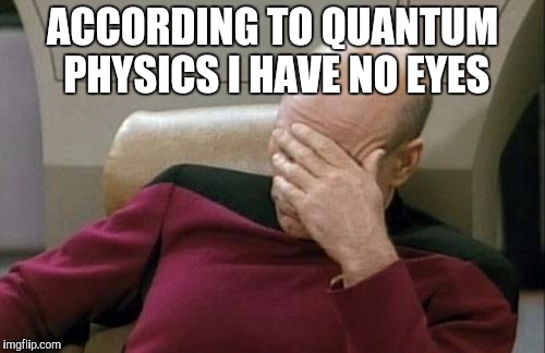Captain Picard Facepalm | ACCORDING TO QUANTUM PHYSICS I HAVE NO EYES | image tagged in memes,captain picard facepalm | made w/ Imgflip meme maker