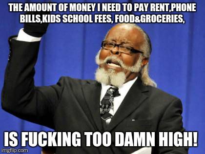 Too Damn High Meme | THE AMOUNT OF MONEY I NEED TO PAY RENT,PHONE BILLS,KIDS SCHOOL FEES, FOOD&GROCERIES, IS F**KING TOO DAMN HIGH! | image tagged in memes,too damn high | made w/ Imgflip meme maker