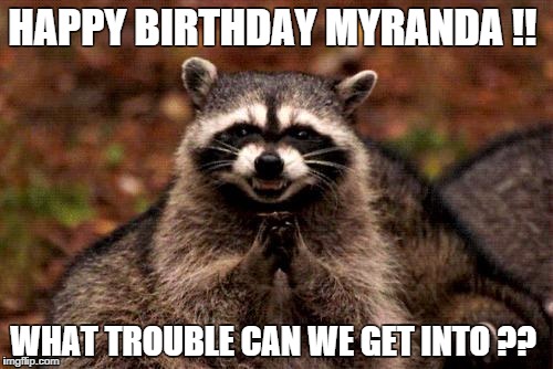 Evil Plotting Raccoon Meme | HAPPY BIRTHDAY MYRANDA !! WHAT TROUBLE CAN WE GET INTO ?? | image tagged in memes,evil plotting raccoon | made w/ Imgflip meme maker