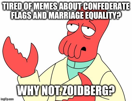 Futurama Zoidberg Meme | TIRED OF MEMES ABOUT CONFEDERATE FLAGS AND MARRIAGE EQUALITY? WHY NOT ZOIDBERG? | image tagged in memes,futurama zoidberg | made w/ Imgflip meme maker