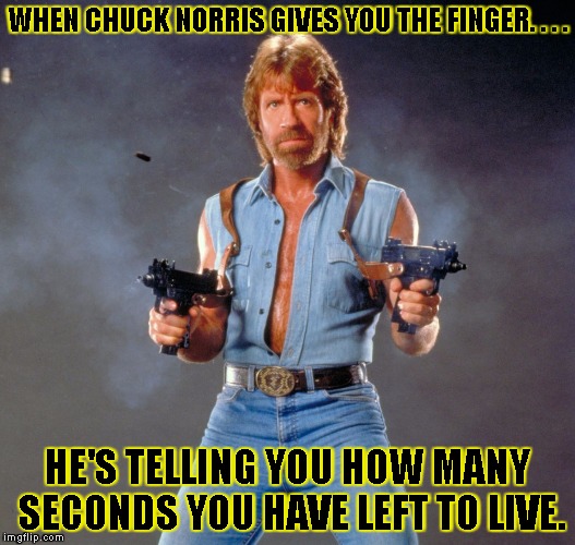Chuck Norris Guns | WHEN CHUCK NORRIS GIVES YOU THE FINGER. . . . HE'S TELLING YOU HOW MANY SECONDS YOU HAVE LEFT TO LIVE. | image tagged in chuck norris | made w/ Imgflip meme maker
