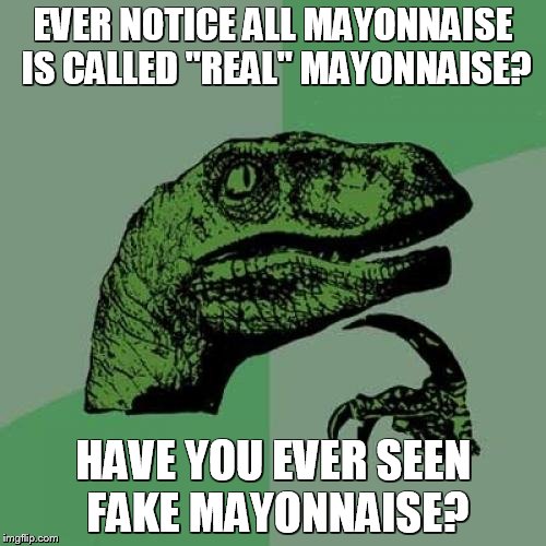 Philosoraptor | EVER NOTICE ALL MAYONNAISE IS CALLED "REAL" MAYONNAISE? HAVE YOU EVER SEEN FAKE MAYONNAISE? | image tagged in memes,philosoraptor | made w/ Imgflip meme maker