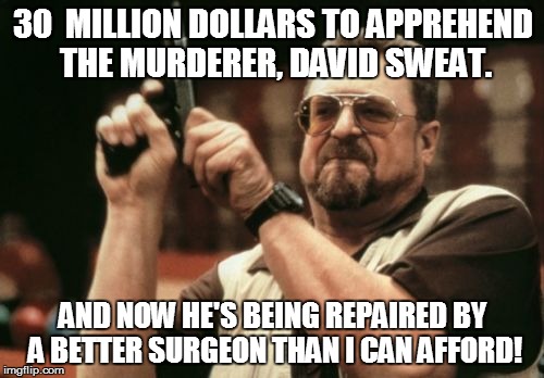 Justice is one big palm to the forehead. | 30  MILLION DOLLARS TO APPREHEND THE MURDERER, DAVID SWEAT. AND NOW HE'S BEING REPAIRED BY A BETTER SURGEON THAN I CAN AFFORD! | image tagged in memes,am i the only one around here,david sweat,health care,prison escape,richard matt | made w/ Imgflip meme maker
