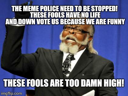 Too Damn High | THE MEME POLICE NEED TO BE STOPPED! THESE FOOLS HAVE NO LIFE AND DOWN VOTE US BECAUSE WE ARE FUNNY THESE FOOLS ARE TOO DAMN HIGH! | image tagged in memes,too damn high | made w/ Imgflip meme maker