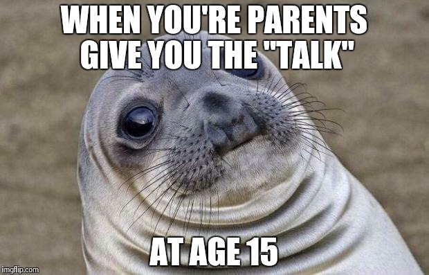 Awkward Moment Sealion | WHEN YOU'RE PARENTS GIVE YOU THE "TALK" AT AGE 15 | image tagged in memes,awkward moment sealion | made w/ Imgflip meme maker