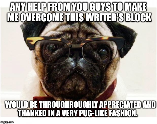 Pug With Glasses and Bowtie | ANY HELP FROM YOU GUYS TO MAKE ME OVERCOME THIS WRITER'S BLOCK WOULD BE THROUGHROUGHLY APPRECIATED AND THANKED IN A VERY PUG-LIKE FASHION. | image tagged in pug with glasses and bowtie | made w/ Imgflip meme maker