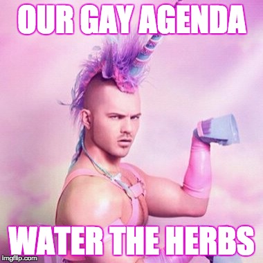 Unicorn MAN Meme | OUR GAY AGENDA WATER THE HERBS | image tagged in memes,unicorn man | made w/ Imgflip meme maker