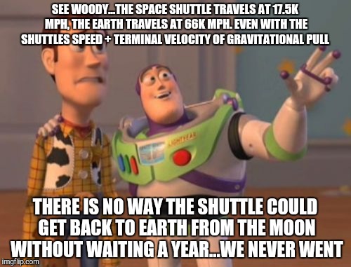 Even if the shuttle was in the Earth's path and not moving, it would be a 66k mph landing. It would be disintegrated | SEE WOODY...THE SPACE SHUTTLE TRAVELS AT 17.5K MPH, THE EARTH TRAVELS AT 66K MPH. EVEN WITH THE SHUTTLES SPEED + TERMINAL VELOCITY OF GRAVIT | image tagged in memes,x x everywhere | made w/ Imgflip meme maker