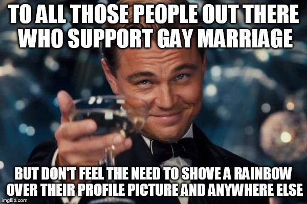 Leonardo Dicaprio Cheers Meme | TO ALL THOSE PEOPLE OUT THERE WHO SUPPORT GAY MARRIAGE BUT DON'T FEEL THE NEED TO SHOVE A RAINBOW OVER THEIR PROFILE PICTURE AND ANYWHERE EL | image tagged in memes,leonardo dicaprio cheers | made w/ Imgflip meme maker