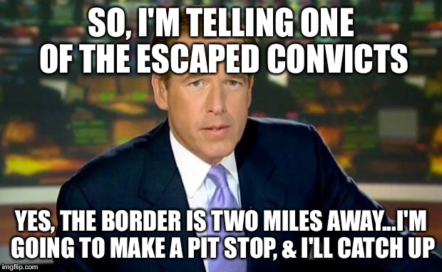 Brian Williams Was There Meme | SO, I'M TELLING ONE OF THE ESCAPED CONVICTS YES, THE BORDER IS TWO MILES AWAY...I'M GOING TO MAKE A PIT STOP, & I'LL CATCH UP | image tagged in memes,brian williams was there | made w/ Imgflip meme maker