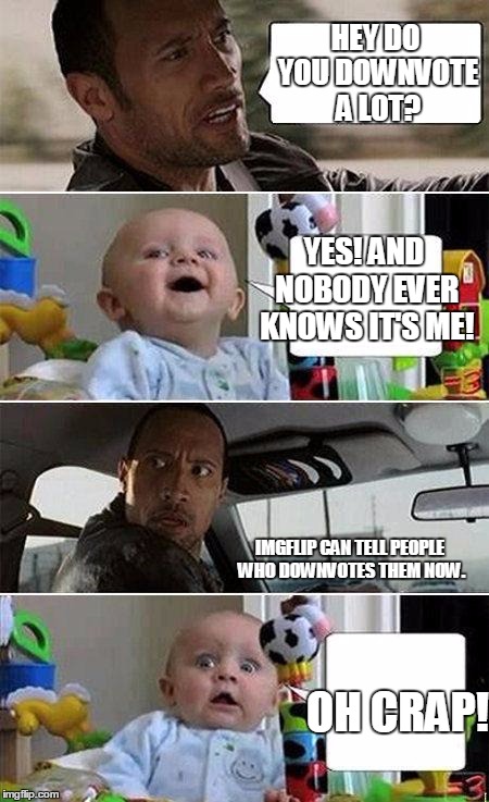 If it ever happens. LOL | HEY DO YOU DOWNVOTE A LOT? OH CRAP! YES! AND NOBODY EVER KNOWS IT'S ME! IMGFLIP CAN TELL PEOPLE WHO DOWNVOTES THEM NOW. | image tagged in the rock driving baby | made w/ Imgflip meme maker