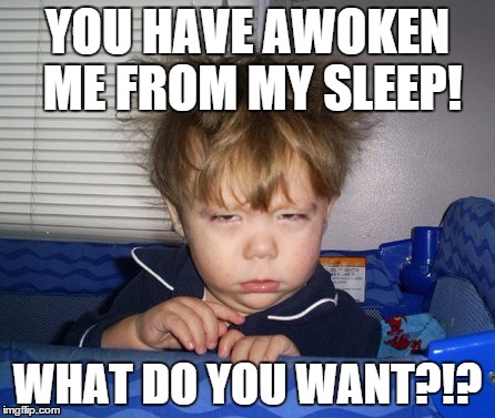 Cranky face | YOU HAVE AWOKEN ME FROM MY SLEEP! WHAT DO YOU WANT?!? | image tagged in cranky face | made w/ Imgflip meme maker