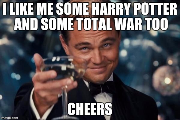 Leonardo Dicaprio Cheers Meme | I LIKE ME SOME HARRY POTTER AND SOME TOTAL WAR TOO CHEERS | image tagged in memes,leonardo dicaprio cheers | made w/ Imgflip meme maker