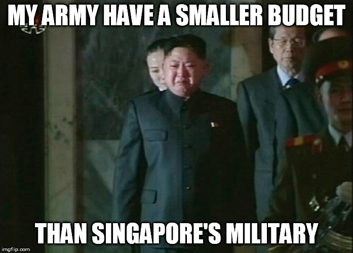 North Korea's military expenditure | MY ARMY HAVE A SMALLER BUDGET THAN SINGAPORE'S MILITARY | image tagged in north korea,kim jong un sad,kim jong un | made w/ Imgflip meme maker