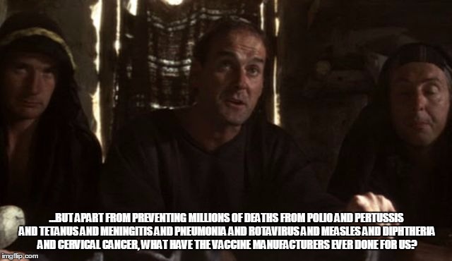 …BUT APART FROM PREVENTING MILLIONS OF DEATHS FROM POLIO AND PERTUSSIS AND TETANUS AND MENINGITIS AND PNEUMONIA AND ROTAVIRUS AND MEASLES AN | image tagged in life of brian what have romans | made w/ Imgflip meme maker