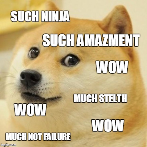 Doge Meme | SUCH NINJA MUCH STELTH MUCH NOT FAILURE WOW SUCH AMAZMENT WOW WOW | image tagged in memes,doge | made w/ Imgflip meme maker