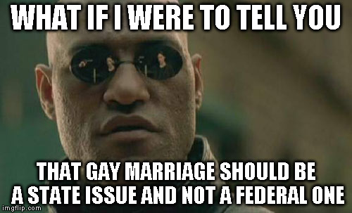 Matrix Morpheus | WHAT IF I WERE TO TELL YOU THAT GAY MARRIAGE SHOULD BE A STATE ISSUE AND NOT A FEDERAL ONE | image tagged in memes,matrix morpheus | made w/ Imgflip meme maker