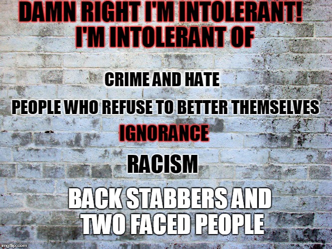 Damn Right I'm Intolerant | DAMN RIGHT I'M INTOLERANT! I'M INTOLERANT OF CRIME AND HATE PEOPLE WHO REFUSE TO BETTER THEMSELVES IGNORANCE RACISM BACK STABBERS AND TWO  | image tagged in intolerance,hate,racism,ignorance | made w/ Imgflip meme maker