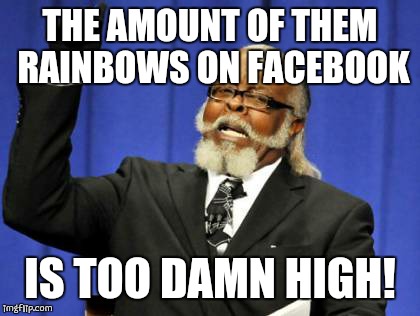 Too Damn High | THE AMOUNT OF THEM RAINBOWS ON FACEBOOK IS TOO DAMN HIGH! | image tagged in memes,too damn high | made w/ Imgflip meme maker