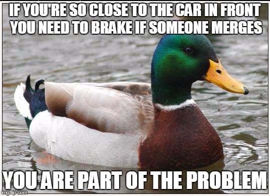 Actual Advice Mallard Meme | IF YOU'RE SO CLOSE TO THE CAR IN FRONT YOU NEED TO BRAKE IF SOMEONE MERGES YOU ARE PART OF THE PROBLEM | image tagged in memes,actual advice mallard | made w/ Imgflip meme maker