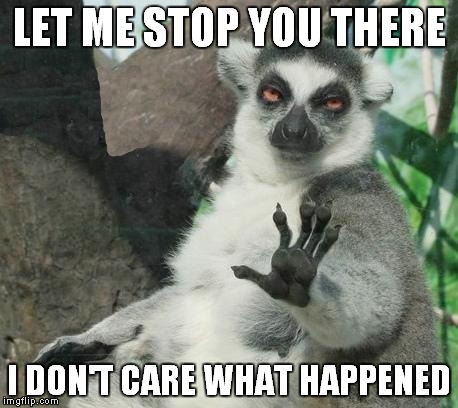 Stoner Lemur Meme | LET ME STOP YOU THERE I DON'T CARE WHAT HAPPENED | image tagged in memes,stoner lemur | made w/ Imgflip meme maker