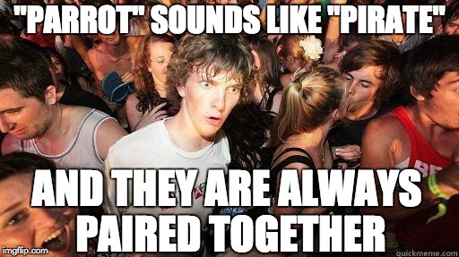 Sudden Realization | "PARROT" SOUNDS LIKE "PIRATE" AND THEY ARE ALWAYS PAIRED TOGETHER | image tagged in sudden realization | made w/ Imgflip meme maker