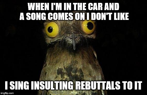 Weird Stuff I Do Potoo | WHEN I'M IN THE CAR AND A SONG COMES ON I DON'T LIKE I SING INSULTING REBUTTALS TO IT | image tagged in memes,weird stuff i do potoo | made w/ Imgflip meme maker