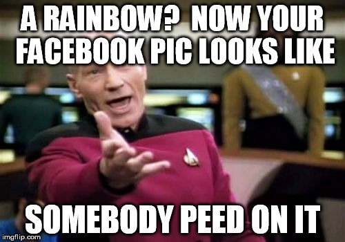 Picard Wtf | A RAINBOW?  NOW YOUR FACEBOOK PIC LOOKS LIKE SOMEBODY PEED ON IT | image tagged in memes,picard wtf | made w/ Imgflip meme maker