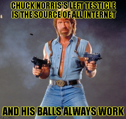 Chuck Norris Guns Meme | CHUCK NORRIS'S LEFT TESTICLE IS THE SOURCE OF ALL INTERNET AND HIS BALLS ALWAYS WORK | image tagged in chuck norris | made w/ Imgflip meme maker