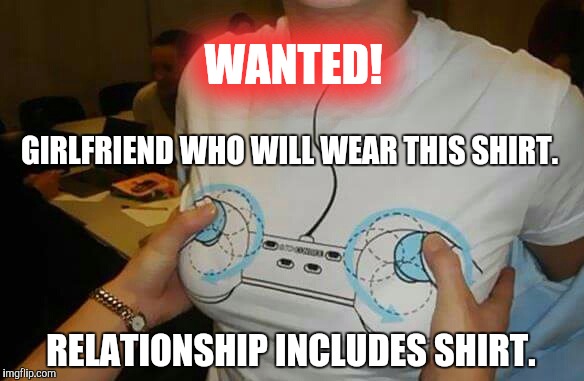 GIRLFRIEND WHO WILL WEAR THIS SHIRT. RELATIONSHIP INCLUDES SHIRT. WANTED! | image tagged in girl,girlfriend,video games,boobs | made w/ Imgflip meme maker