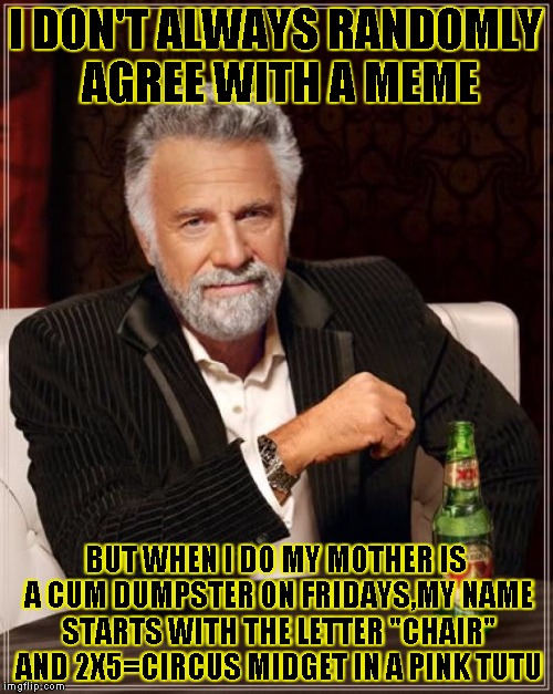 The Most Interesting Man In The World Meme | I DON'T ALWAYS RANDOMLY AGREE WITH A MEME BUT WHEN I DO MY MOTHER IS A CUM DUMPSTER ON FRIDAYS,MY NAME STARTS WITH THE LETTER "CHAIR" AND 2X | image tagged in memes,the most interesting man in the world | made w/ Imgflip meme maker