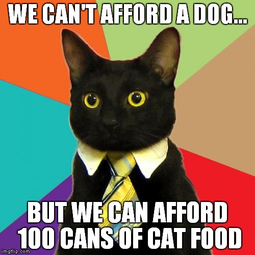 Business Cat | WE CAN'T AFFORD A DOG... BUT WE CAN AFFORD 100 CANS OF CAT FOOD | image tagged in memes,business cat | made w/ Imgflip meme maker