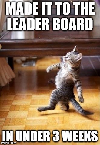 How I feel today | MADE IT TO THE LEADER BOARD IN UNDER 3 WEEKS | image tagged in memes,cool cat stroll,mr sum,leaderboard,thank you aliens,you the real mvp | made w/ Imgflip meme maker