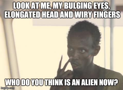 I'm The Captain Now Meme | LOOK AT ME, MY BULGING EYES, ELONGATED HEAD AND WIRY FINGERS WHO DO YOU THINK IS AN ALIEN NOW? | image tagged in memes,i'm the captain now | made w/ Imgflip meme maker
