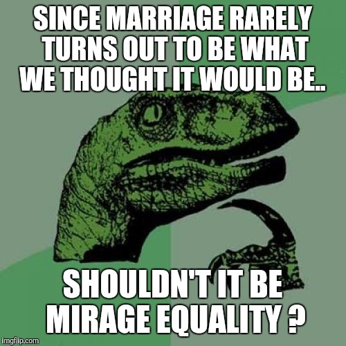 Philosoraptor | SINCE MARRIAGE RARELY TURNS OUT TO BE WHAT WE THOUGHT IT WOULD BE.. SHOULDN'T IT BE MIRAGE EQUALITY ? | image tagged in memes,philosoraptor | made w/ Imgflip meme maker