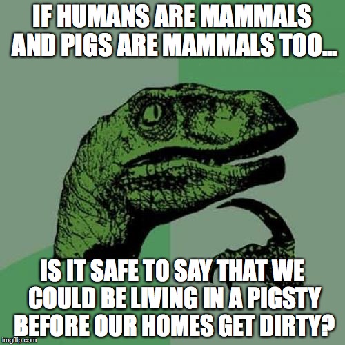 Philosoraptor Meme | IF HUMANS ARE MAMMALS AND PIGS ARE MAMMALS TOO... IS IT SAFE TO SAY THAT WE COULD BE LIVING IN A PIGSTY BEFORE OUR HOMES GET DIRTY? | image tagged in memes,philosoraptor | made w/ Imgflip meme maker