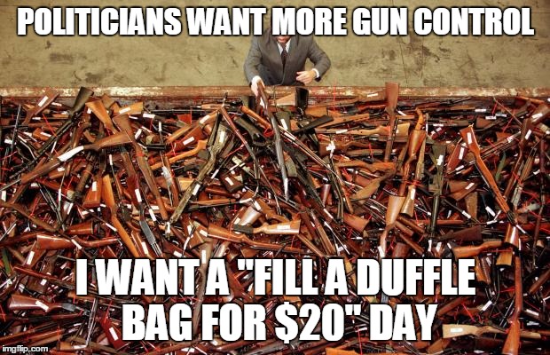 Borderlands Loot | POLITICIANS WANT MORE GUN CONTROL I WANT A "FILL A DUFFLE BAG FOR $20" DAY | image tagged in borderlands loot | made w/ Imgflip meme maker
