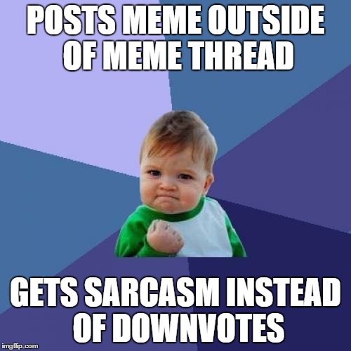 Success Kid Meme | POSTS MEME OUTSIDE OF MEME THREAD GETS SARCASM INSTEAD OF DOWNVOTES | image tagged in memes,success kid | made w/ Imgflip meme maker