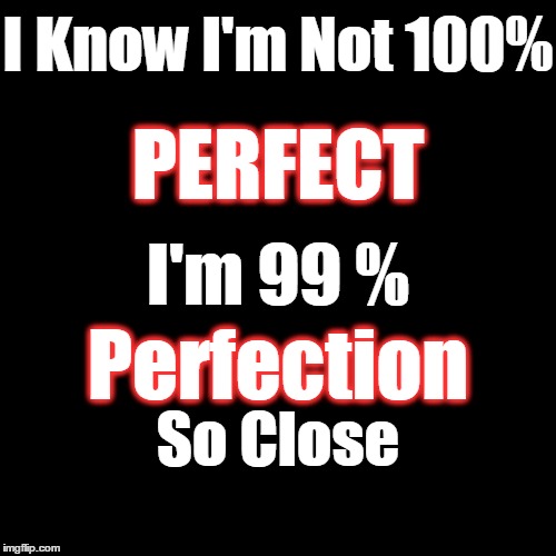 99% Perfect | I Know I'm Not 100% PERFECT I'm 99 % Perfection So Close | image tagged in perfect,perfection | made w/ Imgflip meme maker