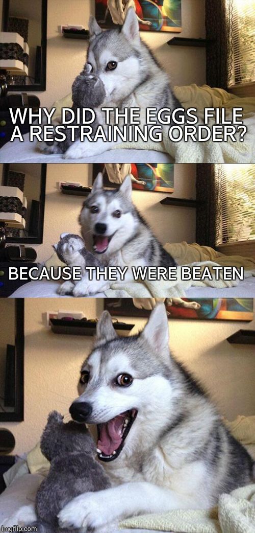 Bad Pun Dog Meme | WHY DID THE EGGS FILE A RESTRAINING ORDER? BECAUSE THEY WERE BEATEN | image tagged in memes,bad pun dog | made w/ Imgflip meme maker