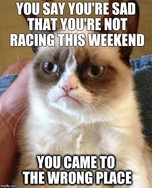 Grumpy Cat Meme | YOU SAY YOU'RE SAD THAT YOU'RE NOT RACING THIS WEEKEND YOU CAME TO THE WRONG PLACE | image tagged in memes,grumpy cat | made w/ Imgflip meme maker