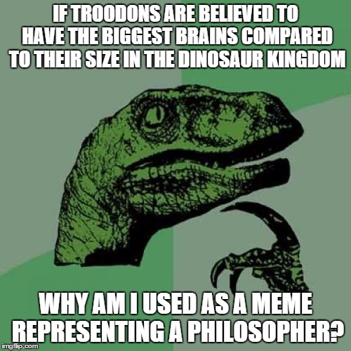 Philosodon- Just doesn't have the same ring to it | IF TROODONS ARE BELIEVED TO HAVE THE BIGGEST BRAINS COMPARED TO THEIR SIZE IN THE DINOSAUR KINGDOM WHY AM I USED AS A MEME REPRESENTING A PH | image tagged in memes,philosoraptor | made w/ Imgflip meme maker