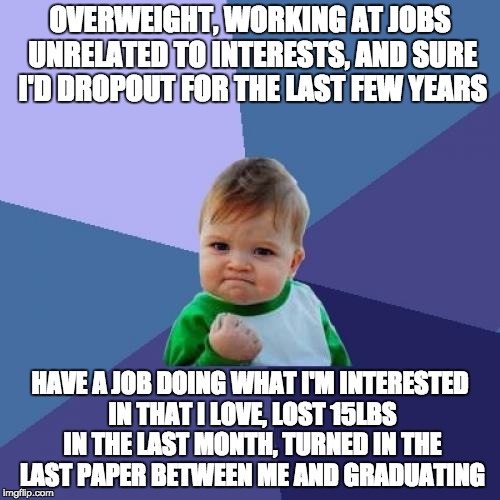 Success Kid Meme | OVERWEIGHT, WORKING AT JOBS UNRELATED TO INTERESTS, AND SURE I'D DROPOUT FOR THE LAST FEW YEARS HAVE A JOB DOING WHAT I'M INTERESTED IN THAT | image tagged in memes,success kid,AdviceAnimals | made w/ Imgflip meme maker