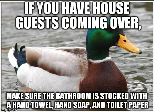 Actual Advice Mallard Meme | IF YOU HAVE HOUSE GUESTS COMING OVER, MAKE SURE THE BATHROOM IS STOCKED WITH A HAND TOWEL, HAND SOAP, AND TOILET PAPER | image tagged in memes,actual advice mallard,AdviceAnimals | made w/ Imgflip meme maker